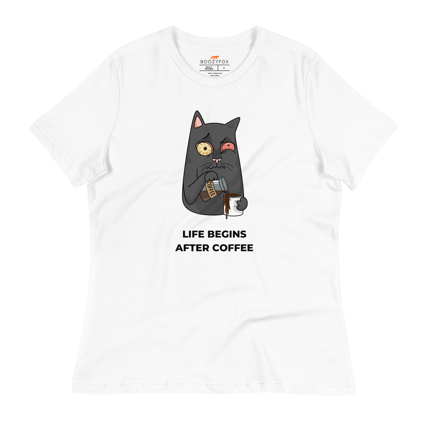 Women's relaxed white cat t-shirt featuring a hilarious Life Begins After Coffee graphic on the chest - Women's Graphic Cat Tees - Boozy Fox