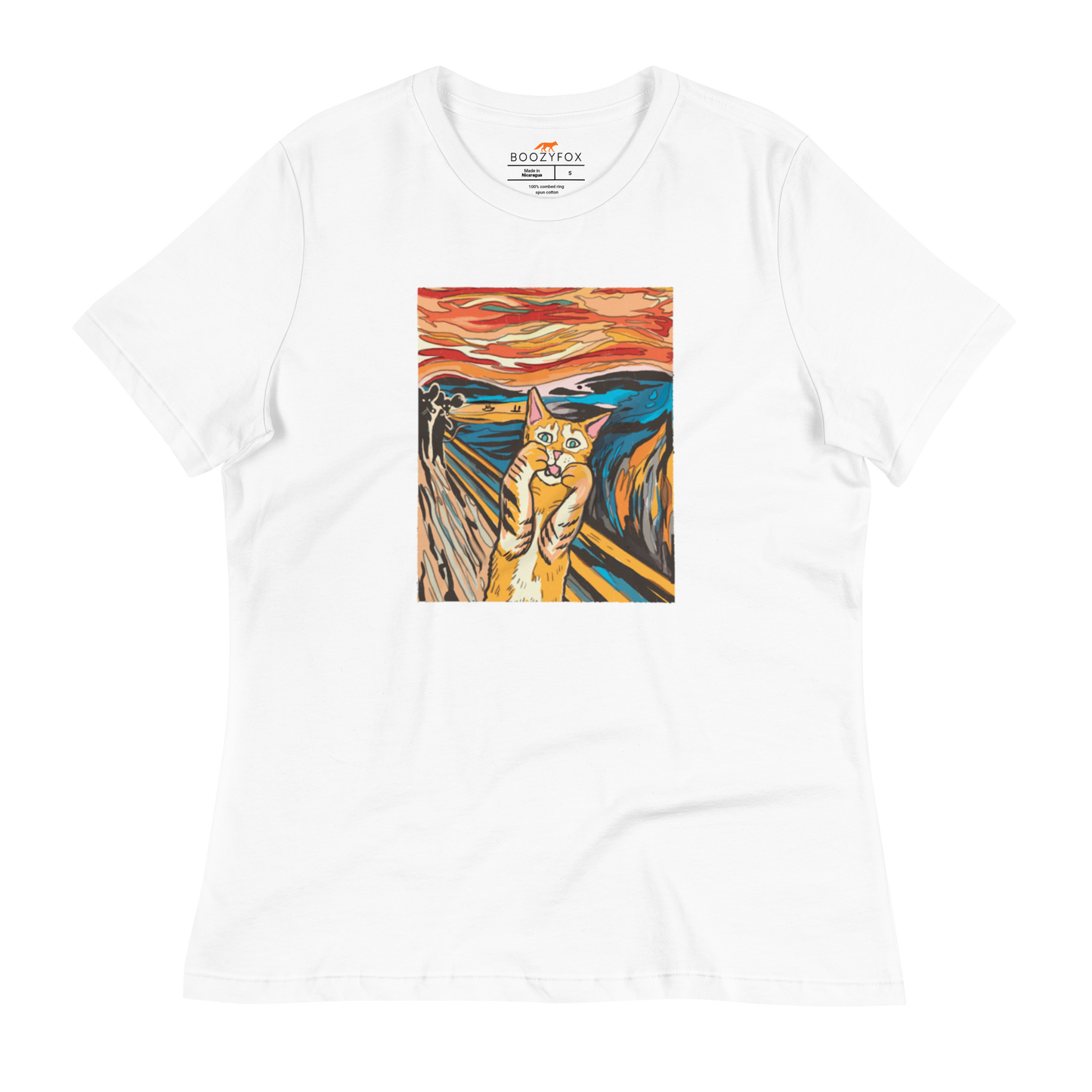 Women's relaxed white screaming cat t-shirt showcasing iconic The Screaming Cat graphic on the chest - Women's Graphic Cat Tees - Boozy Fox